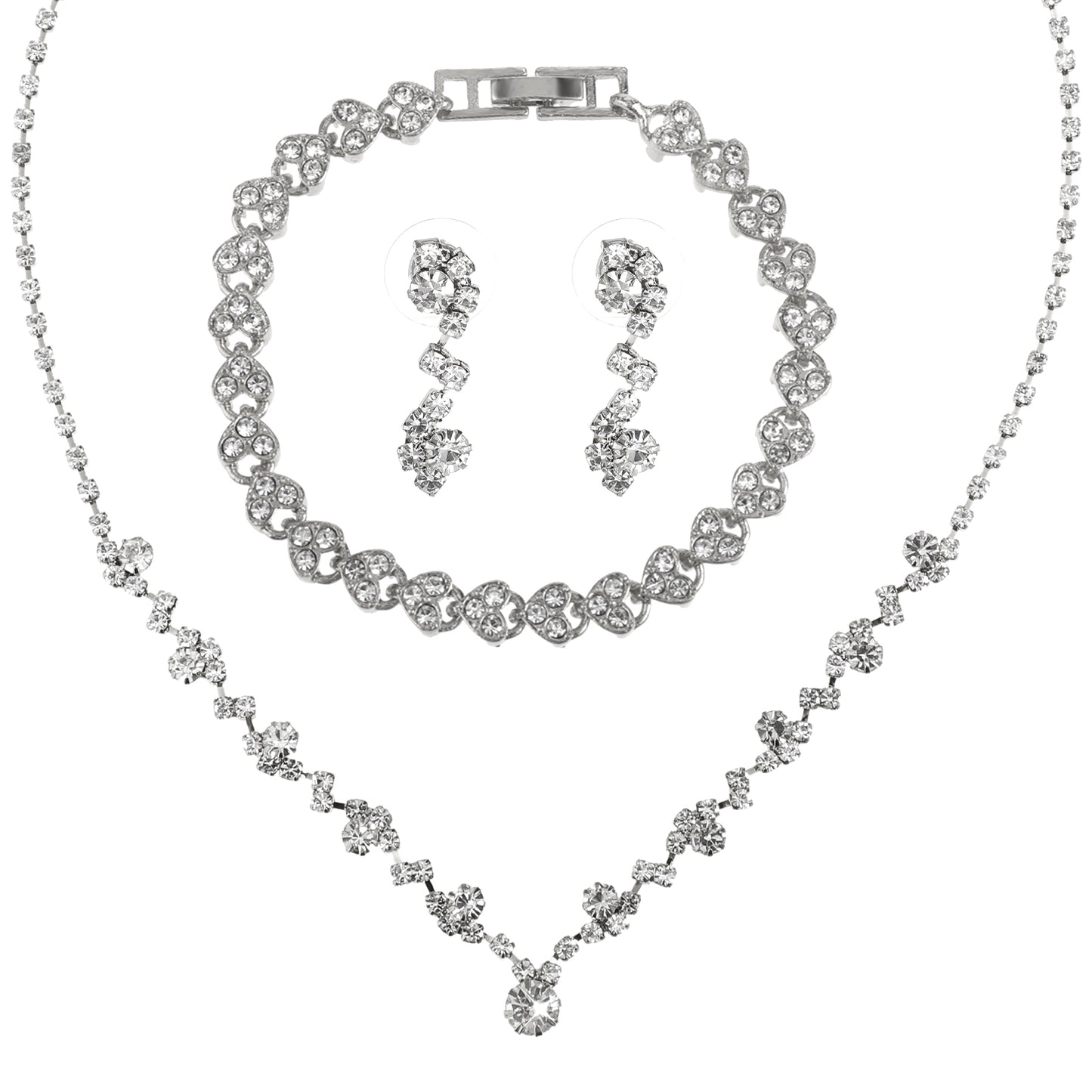 DIVINA VITAE Elegant Silver Bridal Jewelry Set for Wedding Women, Silver Crystal Prom Jewelry Set Rhinestones Necklace Earrings Bracelet Sets for Brides Bridemaid Prom Costume Accessories