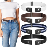 Tucnoeu 4pcs No Buckle Belt, Adjustable Elastic Belts for Women, Stretch Invisible Belts for Jeans, 4 Colors (Black/White/Blue and White Stripes/Brown)