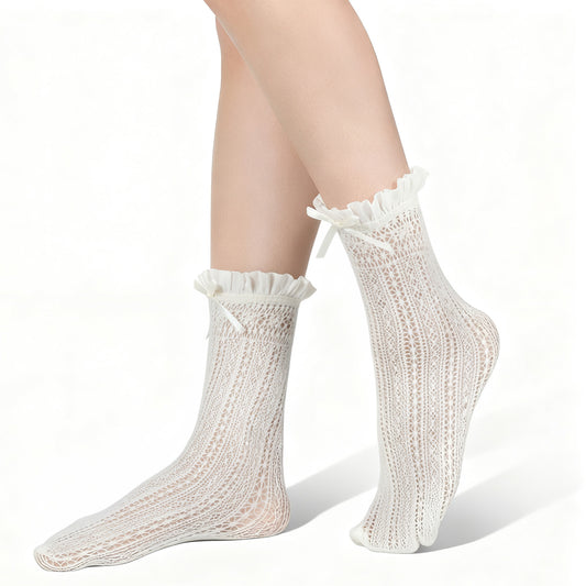Josojoou Women's Lace Socks Girls Fishnet Knee High Socks with Ruffle Trim, White Lace Mesh Sexy Stockings Sheer Trouser Sock Calf Sock