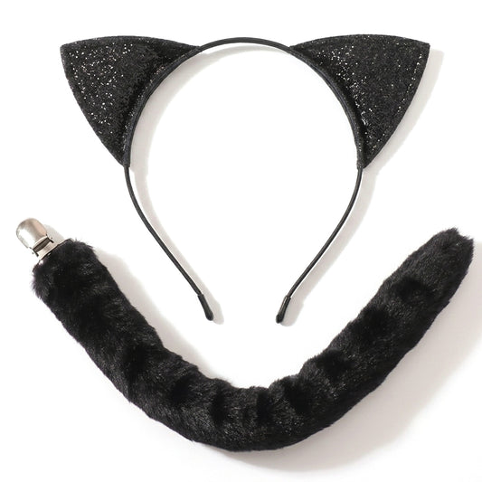 Black Cat Ear Headband & Tail Set-Black Cat Costume Accessories for Women