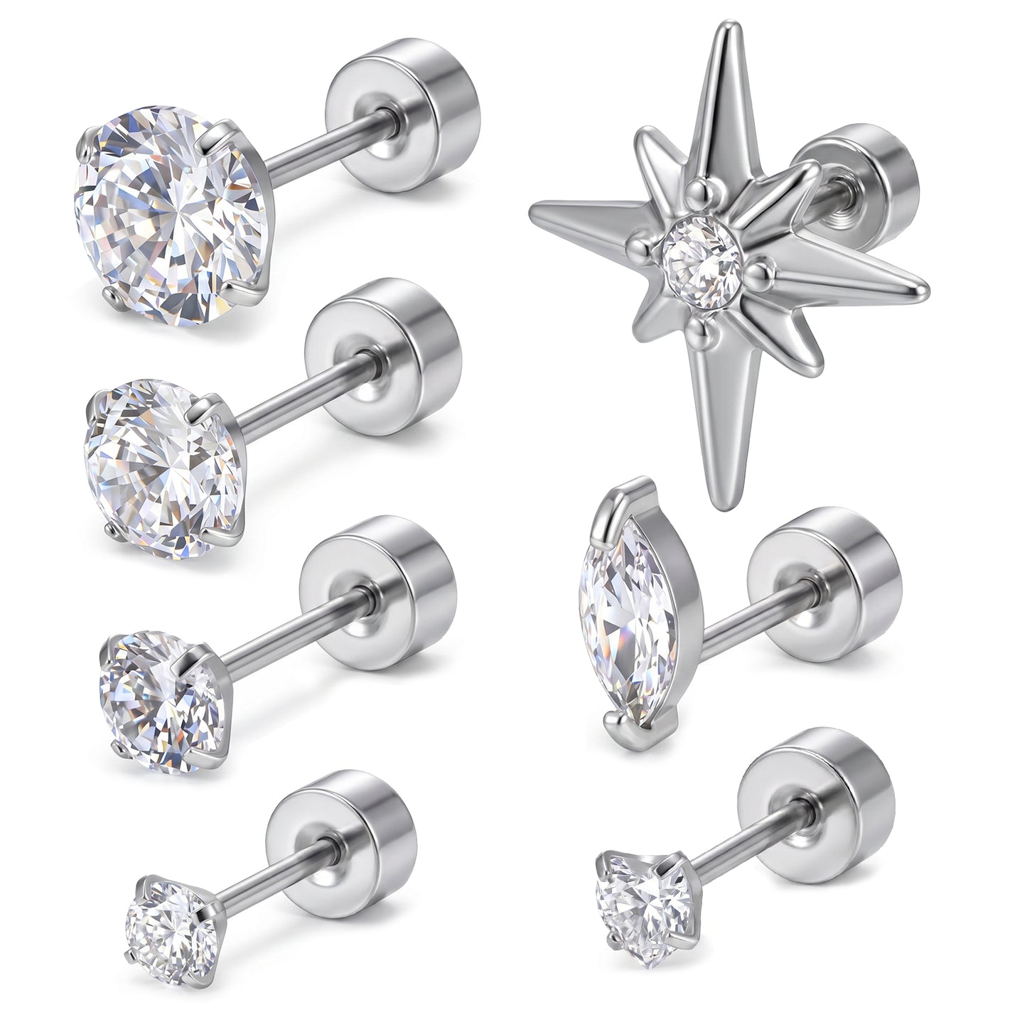 7Pairs Silver Flat Back Earrings, 20G Stainless Steel Stud Earrings, Cubic Zirconia Cartilage Screw Back Earring for Women(3-6MM)