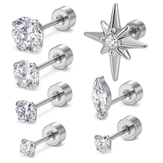 7Pairs Silver Flat Back Earrings, 20G Stainless Steel Stud Earrings, Cubic Zirconia Cartilage Screw Back Earring for Women(3-6MM)