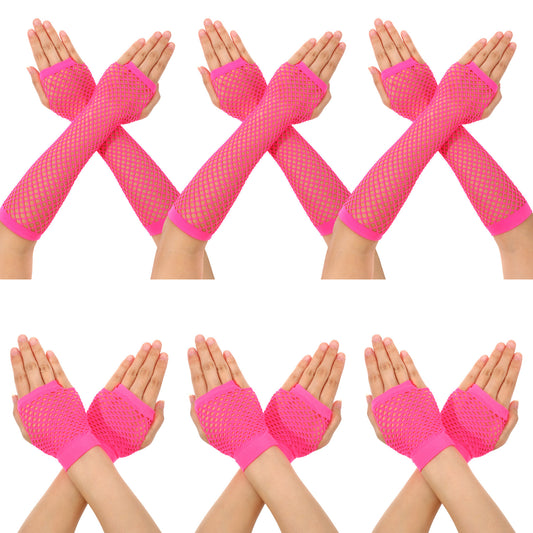 Fishnet Gloves, 6 Pairs Fingerless Fish Net Gloves for Women, Long and Short Stretch Retro Arm Sleeves Halloween Outfit(Rose Red)