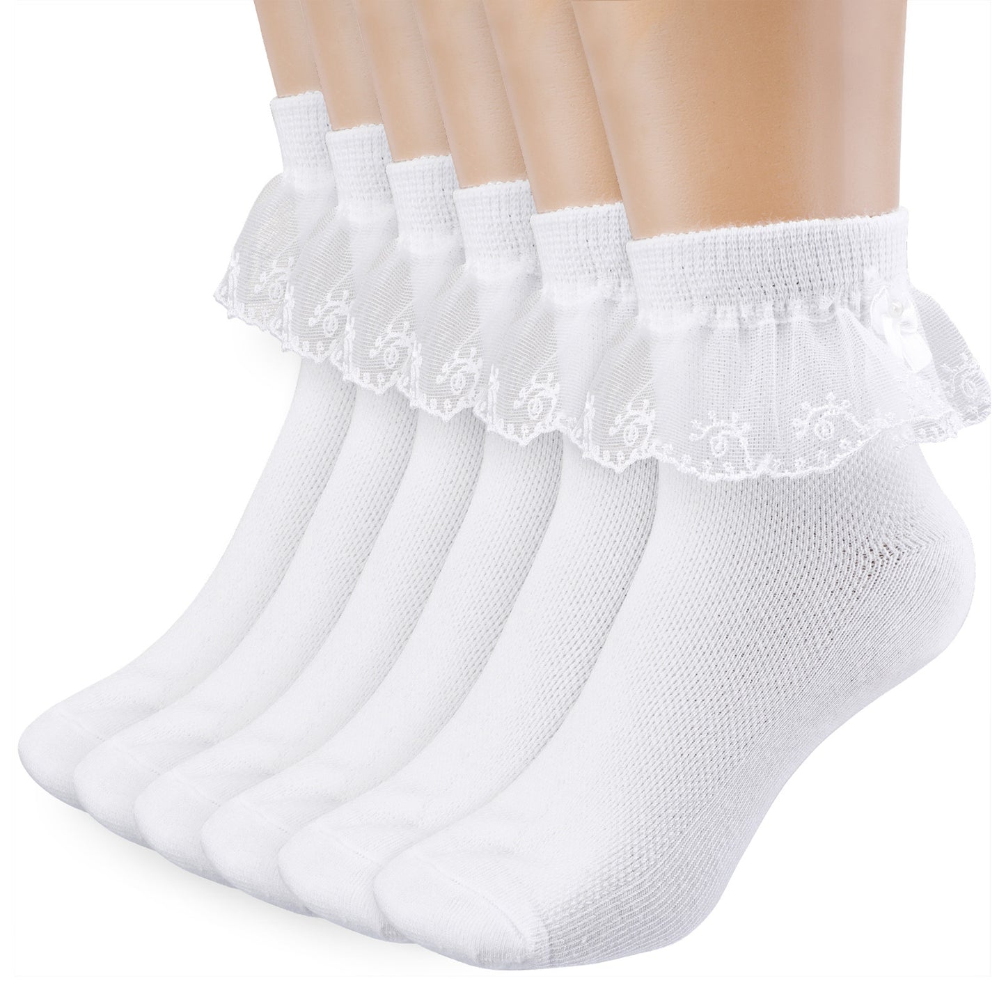 HaiFafafaing 3 Pairs White Frilly Socks Girls Ruffle Socks with Bows, Eyelet Lace Frilly Dress Sock, Princess Style Ankle (7-9 Years)