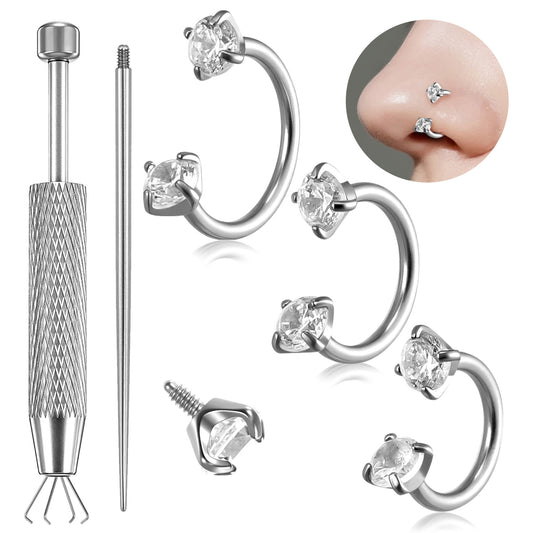 Josojoou 18G Horseshoe Nose Ring 6mm 7mm 8mm Titanium Double Gem Horse Shoe Nose Ring Hoop Flat Back Helix Cartilage Lip Piercing Jewelry with Internal Threaded Piercing Taper and Grabber Tool