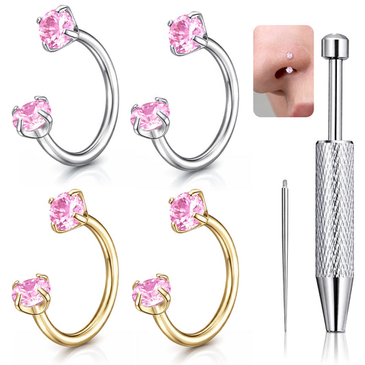 6PCS 18G Horseshoe Nose Ring for Women, Stainless Steel Anti-Sensitive Nose Ring Hoop, Double Gem Horse Shoe Noses Rings for Ear Cartilage, Auricle, Tragus, Lip Studs, Noses Stud, etc. Tools Included