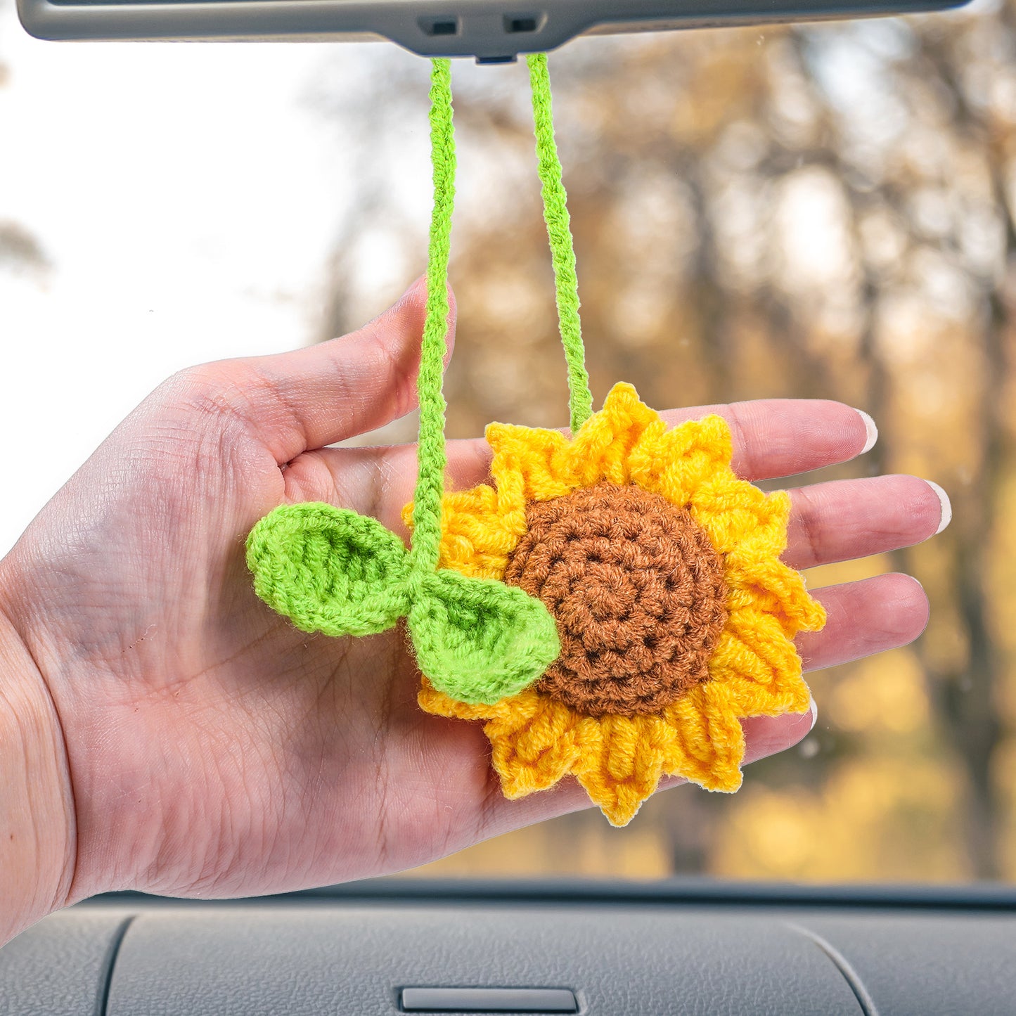 HekouJiub 2Pcs Crochet Flowers for Car Crochet Hanging Plant Sunflower Car Accessories Cute Car Rear View Mirror Hanging Pendants for Women Car Interior