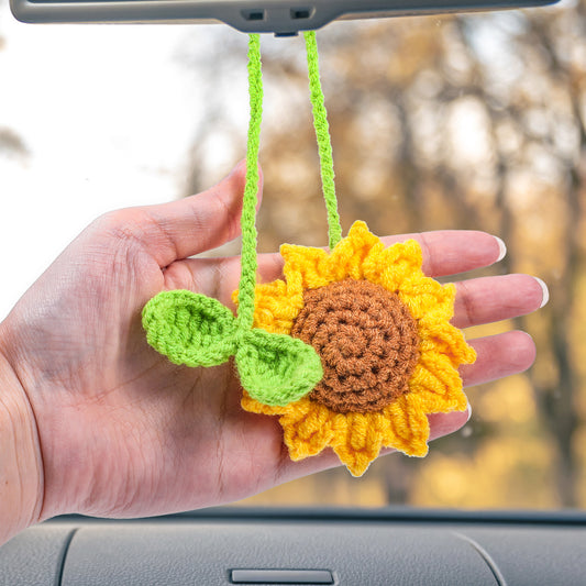 HekouJiub 2Pcs Crochet Flowers for Car Crochet Hanging Plant Sunflower Car Accessories Cute Car Rear View Mirror Hanging Pendants for Women Car Interior