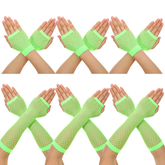 HaiFafafaing 6 Pairs Fishnet Gloves Fingerless Fish Net Arm Sleeves 80s Long Short Fingerless Mesh Gloves Halloween Cosplay(Hot Pink)