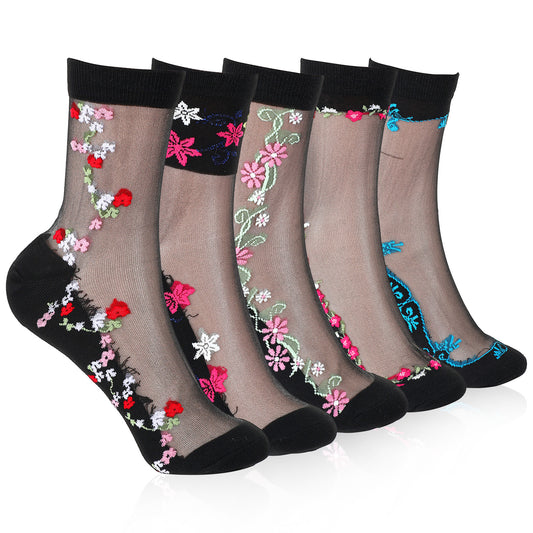 HekouJiub 5 Pairs Womens Sheer Socks, Ultra Thin Mesh Socks with Flowers, Ankle Length Sock Candy for Womens Summer (Black)