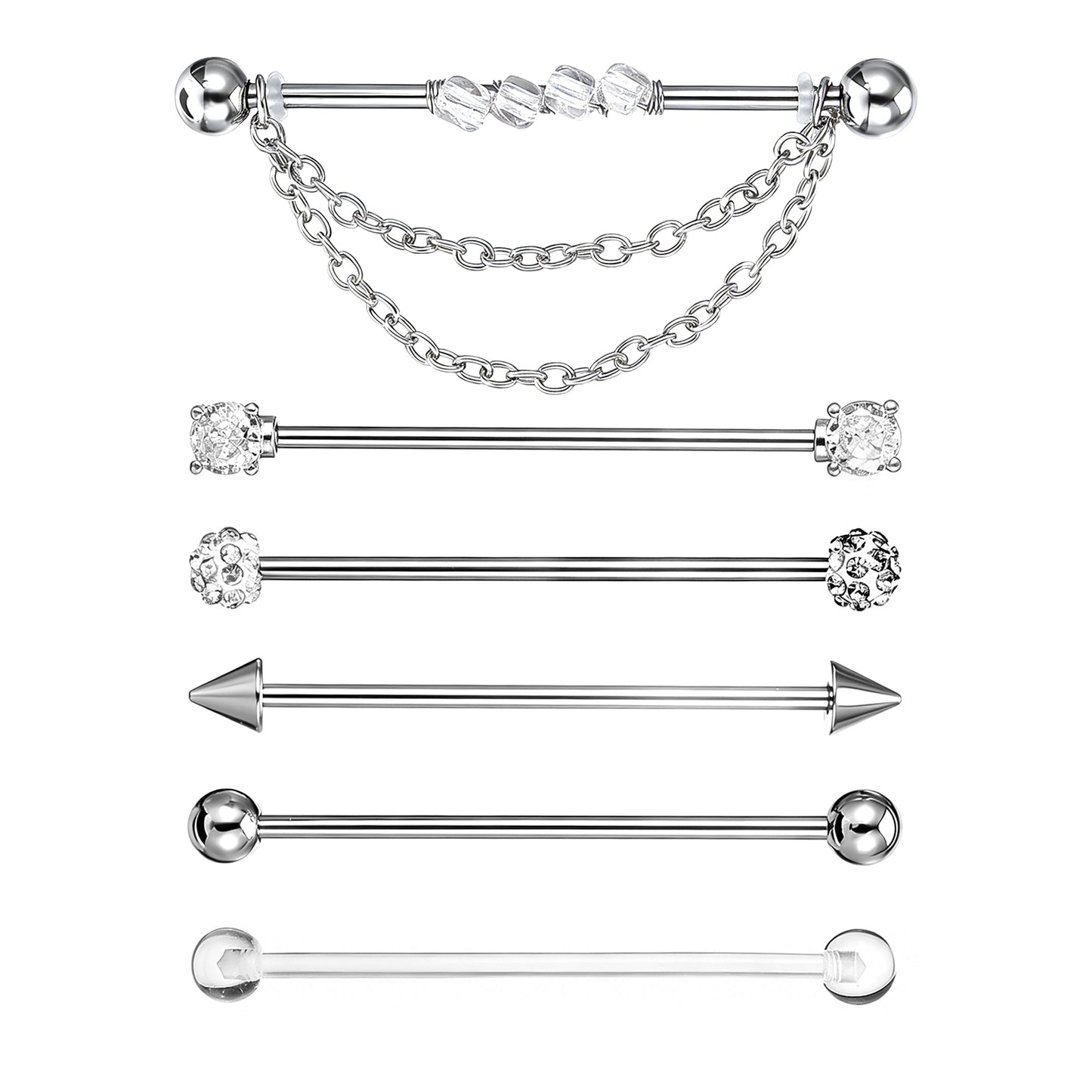 Gemoioio 6Pcs Industrial Bar, 14G Industrial Piercing Jewelry, CZ Crystal Chain Surgical Steel Cartilage Earrings Barbell for Women(38mm Bar Length)