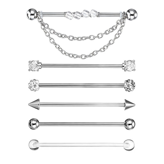 Gemoioio 6Pcs Industrial Bar, 14G Industrial Piercing Jewelry, CZ Crystal Chain Surgical Steel Cartilage Earrings Barbell for Women(38mm Bar Length)