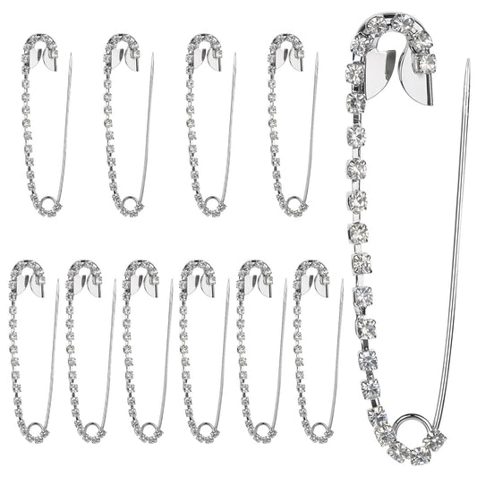 10Pcs Rhinestone Safety Pins Brooches Silver Rhinestone Brooch 2.12x0.47Inch Shiny Brooch Pins for Women Girl Outfit Decorative
