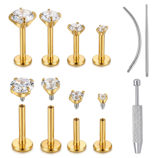 Gemoioio 16G Flat Back Stud Earrings Set – Surgical Steel Internal Thread Nose Rings & Cartilage Earrings for Women Men, Piercing Jewelry with Piercing Ball Grabber Tool