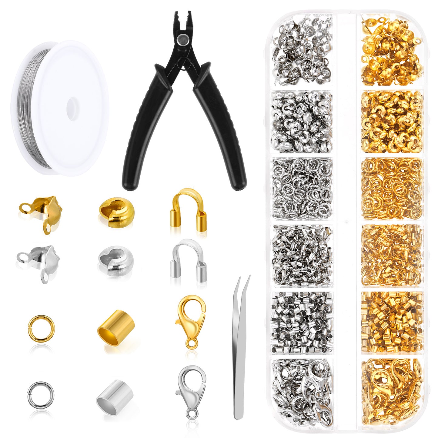 Yolev 1200 Pcs Crimp Bead Kit for Jewelry Making, Including Crimp Beads, Lobster Clasps, Jump Rings, Wire Guardians, Crimping Pliers and Beading Wire, Jewelry Making Kit for Bracelet Necklace Earring