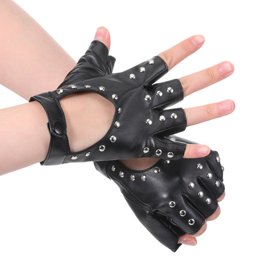 Gemoioio Women Punk Fingerless Gloves Black Faux Leather Motorcycle Gloves