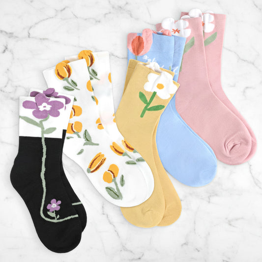 Josojoou 5Pairs Flower Floral Socks, Cute Ankle Socks for Women, Colorful Casual Cotton Crew Sock for Women Girls(Flower Series