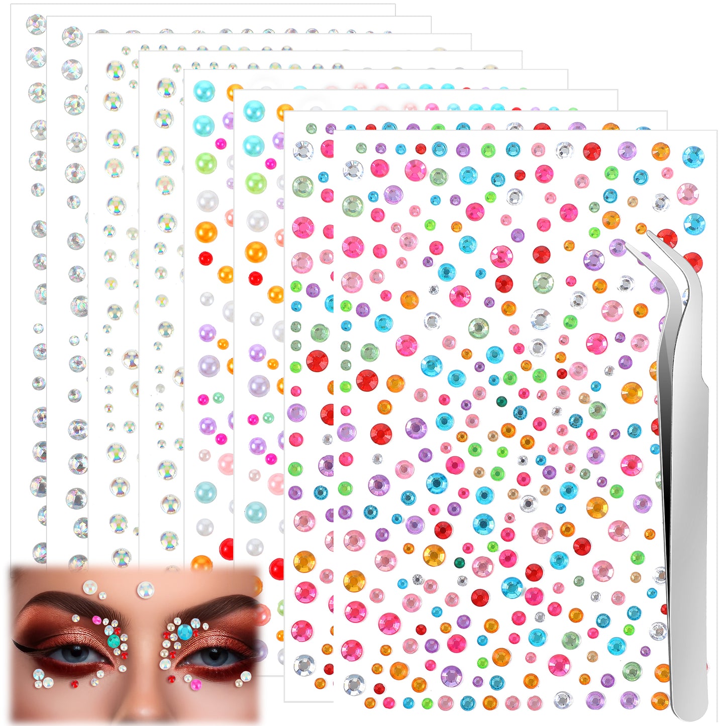 6 Sheets Face Gems Stick On with Tweezer Self Adhesive Pearl Face Gems Mixed Colors Face Gems Stick On for Festivals, Eye Gems, Makeup Gems, Face Jewels, Face Rhinestones for Adults