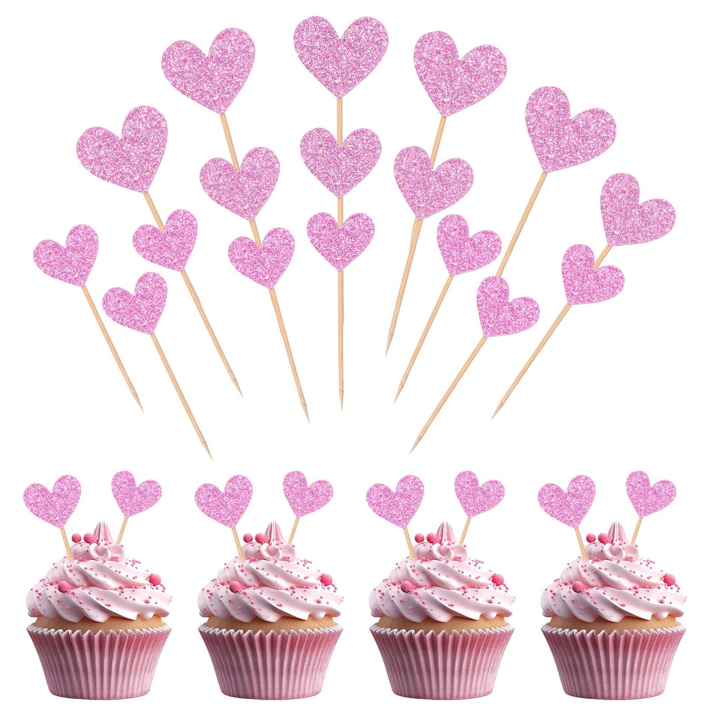 60pcs Heart Cupcake Toppers Valentine's Day Sweet Love Cake Decorations,Glitter Cupcake Picks for Wedding Engagement,Bridal Baby Shower Cupcake Topper Sticks, New Year Party Cake Supplies(Pink)