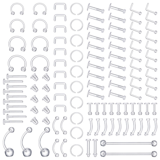 DIVINA VITAE 109 Pcs Clear Acrylic Piercing Retainers Kit, Nose Septum Eyebrow Lip Labret Retainer Tongue Belly Tragus Cartilage Rings Bioflex Plastic Industrial Barbell Jewelry for Work Surgery