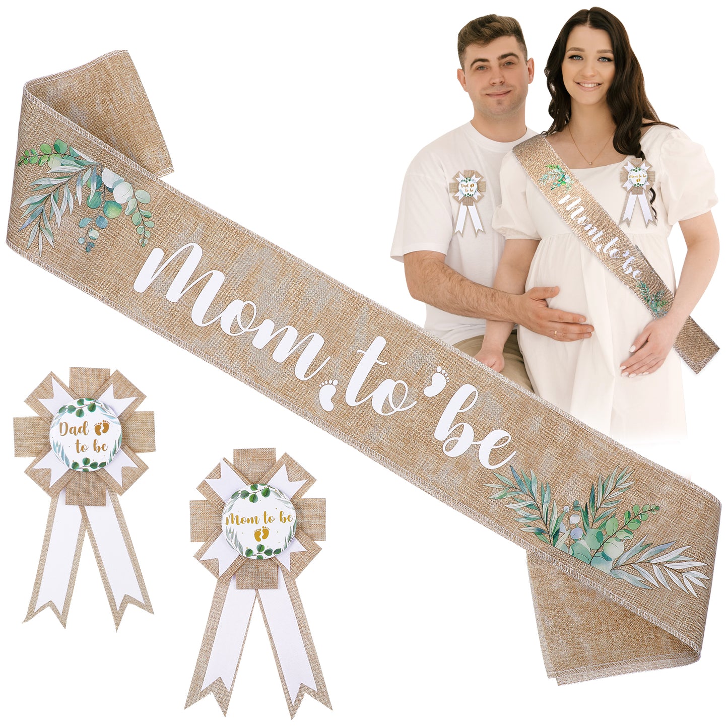 Linen Mom to Be Sash Set Baby Shower Decorations Burlap Mommy to Be Sash Dad to Be Pin Baby Shower Sash for Pregnant Mommy Gift Party Decorations