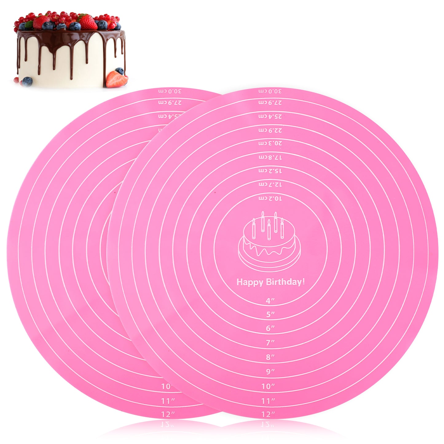 Silicone Baking Mat, 12 Inch Round Cake Mat with Measurements, Non-Stick Heat Resistant, Reusable Cookie Mats for Rolling Dough, Pink Pastry Baking Pad