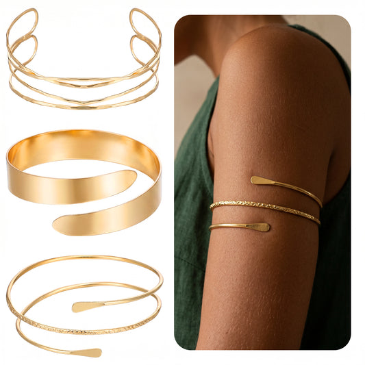 HaiFafafaing 3Pcs Arm Cuffs Set- Adjustable Gold Bangles- Armband Thin Arms Bracelet Jewelry for Simple Greek Armlet, Daily Wear, Wedding, Party, and Festival