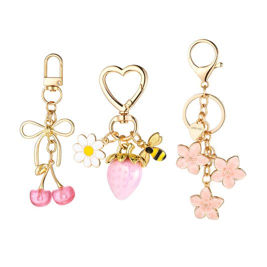 Yykazqe 3PCS Bag Charms for Handbags, Cute Purse Charms Keychain Accessories for Women, Cherry Strawberry Flower Design, Mother's Day Birthday Gift (Pink)