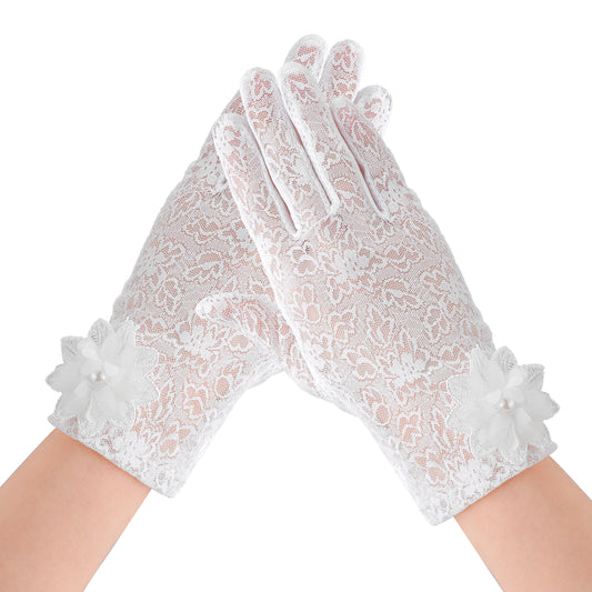 Lace Gloves Women Tea Party Gloves Elegant Short Floral Gloves Wrist Length Bridal Sunblock Wedding Gloves for Halloween Wedding Party Opera Prom Dinner Evening Cosplay Funeral Masquerade(White)