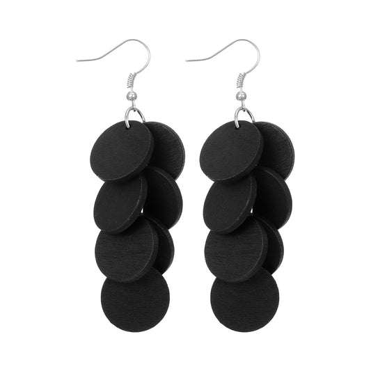 Bohemian Wooden Earrings - Round Geometry Dangle Drop Earrings, Boho Style Wood Disc Circle Hook Jewelry (Black)