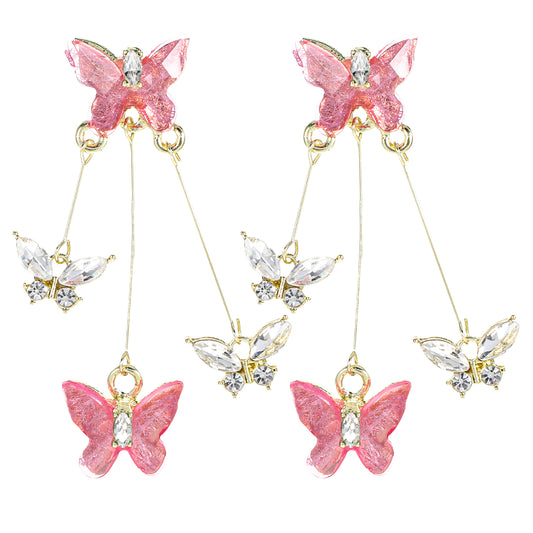 Pink Butterfly Earrings Crystal Butterfly Earings Long Tassels Shiny Butterfly Dangle Earrings Zircon Earrings for Women Crystal Rhinestone Drop Earrings 3D Long Butterfly Earrings for Women