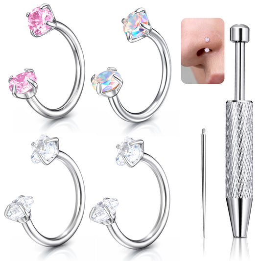 6PCS 18G Horseshoe Nose Ring for Women, Stainless Steel Anti-Sensitive Nose Ring Hoop, Double Gem Horse Shoe Noses Rings for Ear Cartilage, Auricle, Tragus, Lip Studs, Noses Stud, etc. Tools Included