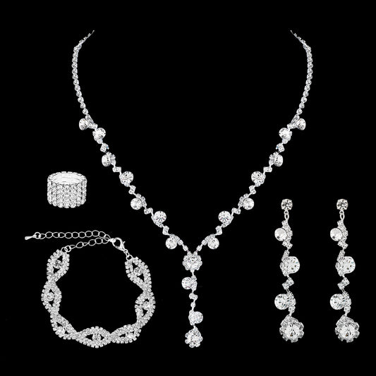 Telooco Silver Rhinestone Jewelry Set Necklace Earrings Bracelets for Women