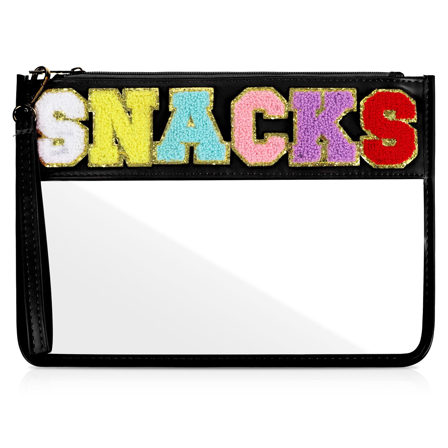 Chenille Letter Bag Clear Makeup Organizer Bag Water-Proof Travel Snack Pouch with Glitter Patch Letters Nylon Zipper Pouch for Travel Gym Beach(Black)