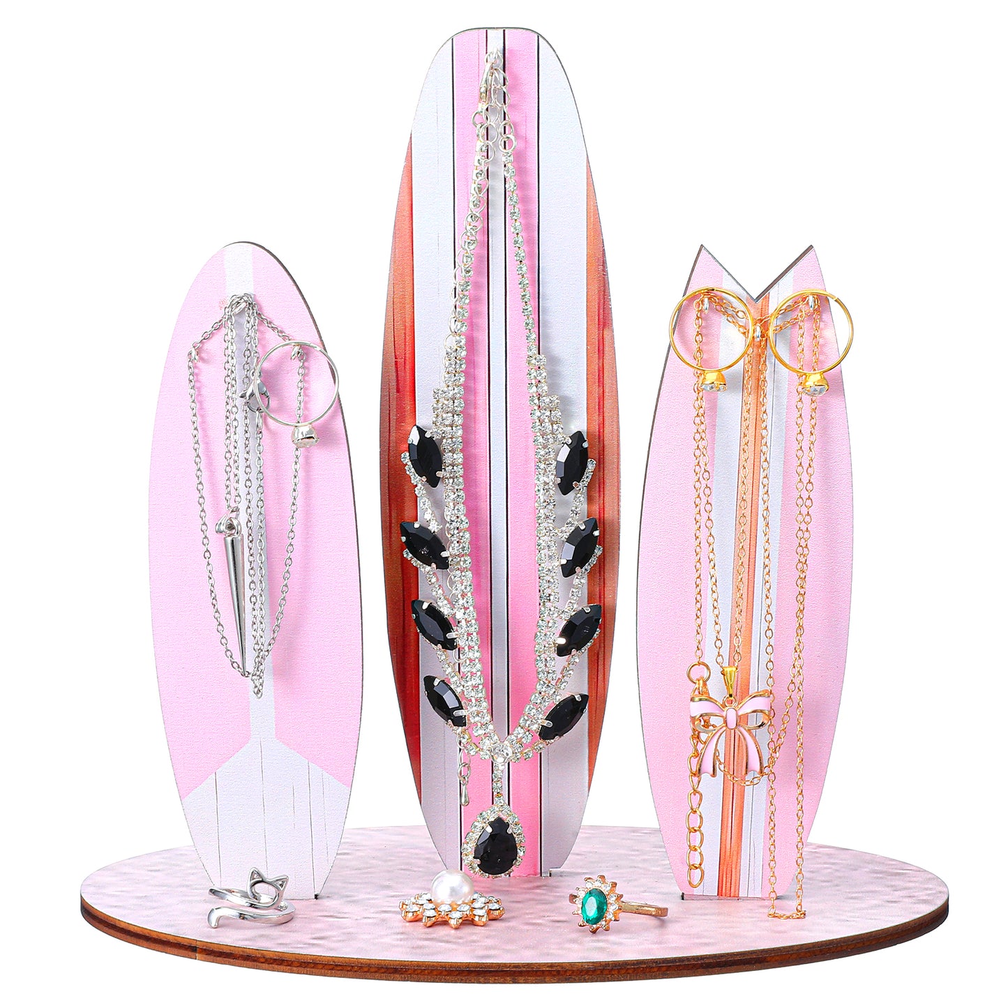 DIVINA VITAE Surfboard Jewelry Holder, Wooden Beach Theme Organizer Stand, Pink Coastal Decor, Necklace Bracelet Display Rack(Pink)