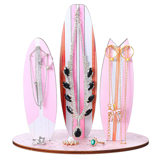 DIVINA VITAE Surfboard Jewelry Holder, Wooden Beach Theme Organizer Stand, Pink Coastal Decor, Necklace Bracelet Display Rack(Pink)