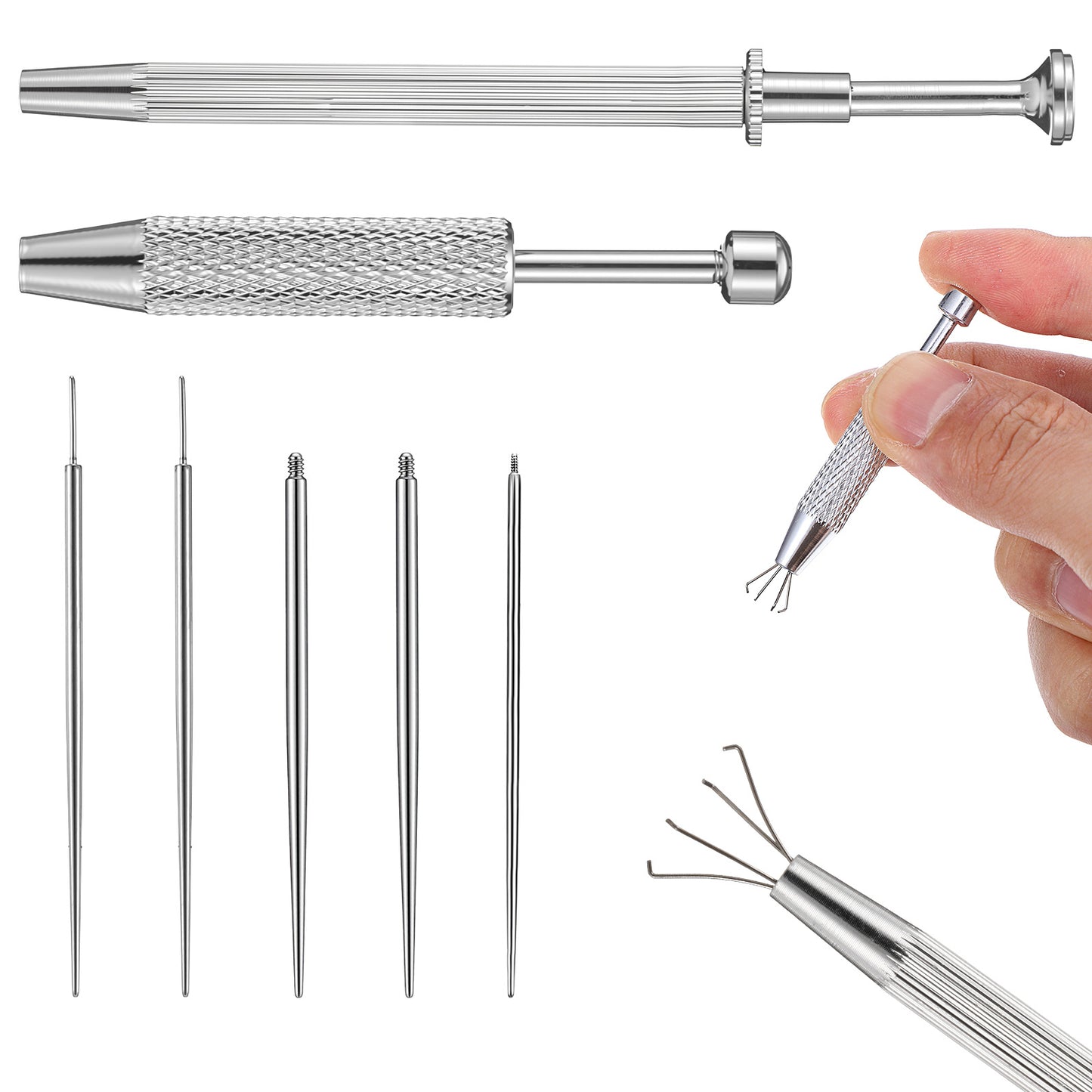 7 Pcs Piercing Kit Piercing Ball Grabber Tool and 16G 18G Stainless Steel Piercings Taper Flat Back Earring Insertion Tools Body Piercings Changing Tool Kit for Ear Nose Lip Navel Eyebrow(Silver)