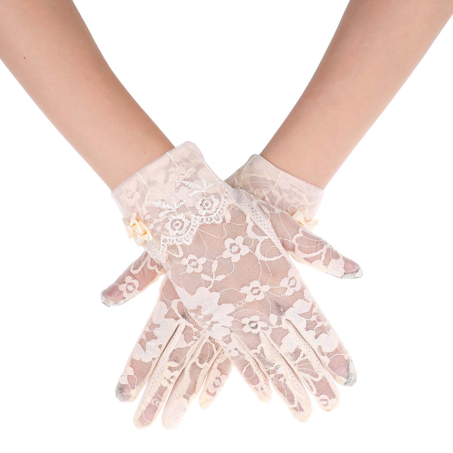 Yolve Lace Gloves Women Short Floral Tea Gloves With Bow Beige Mitten Summer Glove Women for Wedding Opera Tea Party Halloween Events Costume Accessories