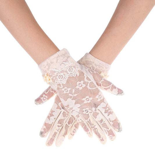 Yolve Lace Gloves Women Short Floral Tea Gloves With Bow Beige Mitten Summer Glove Women for Wedding Opera Tea Party Halloween Events Costume Accessories