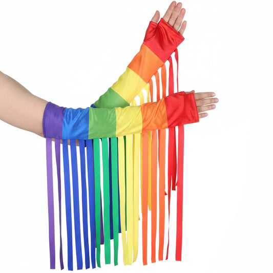 Josojoou Rainbow Arm Warmers with Fringe for Women Men - Gay Pride Rave Outfits Christmas Cosplay Accessories, Stretchy One Size Fits Most, Neon Glow Party Supplies