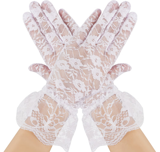 Lace Gloves Women Tea Party Vintage Floral Short Wedding Bridal Gloves Elegant 1920s For Evening Dinner Prom Funeral(White)