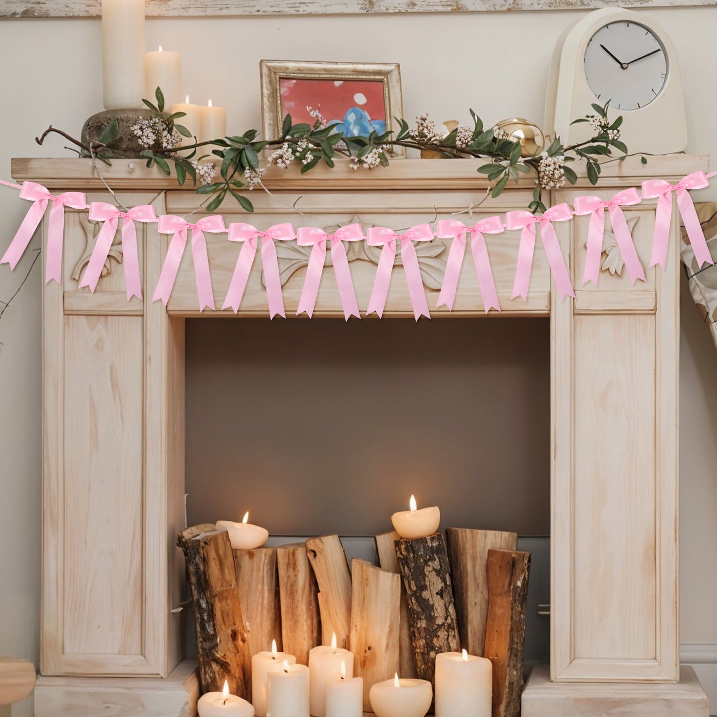 Bow Garland, Pre Strung Bow Banner Pearlescent Pink Ribbon Garland for Bachelorette Party Decorations, Bows Coquette Party Decor, Bridal Shower Partys Supplies Engagement Supplies Wedding Decorations