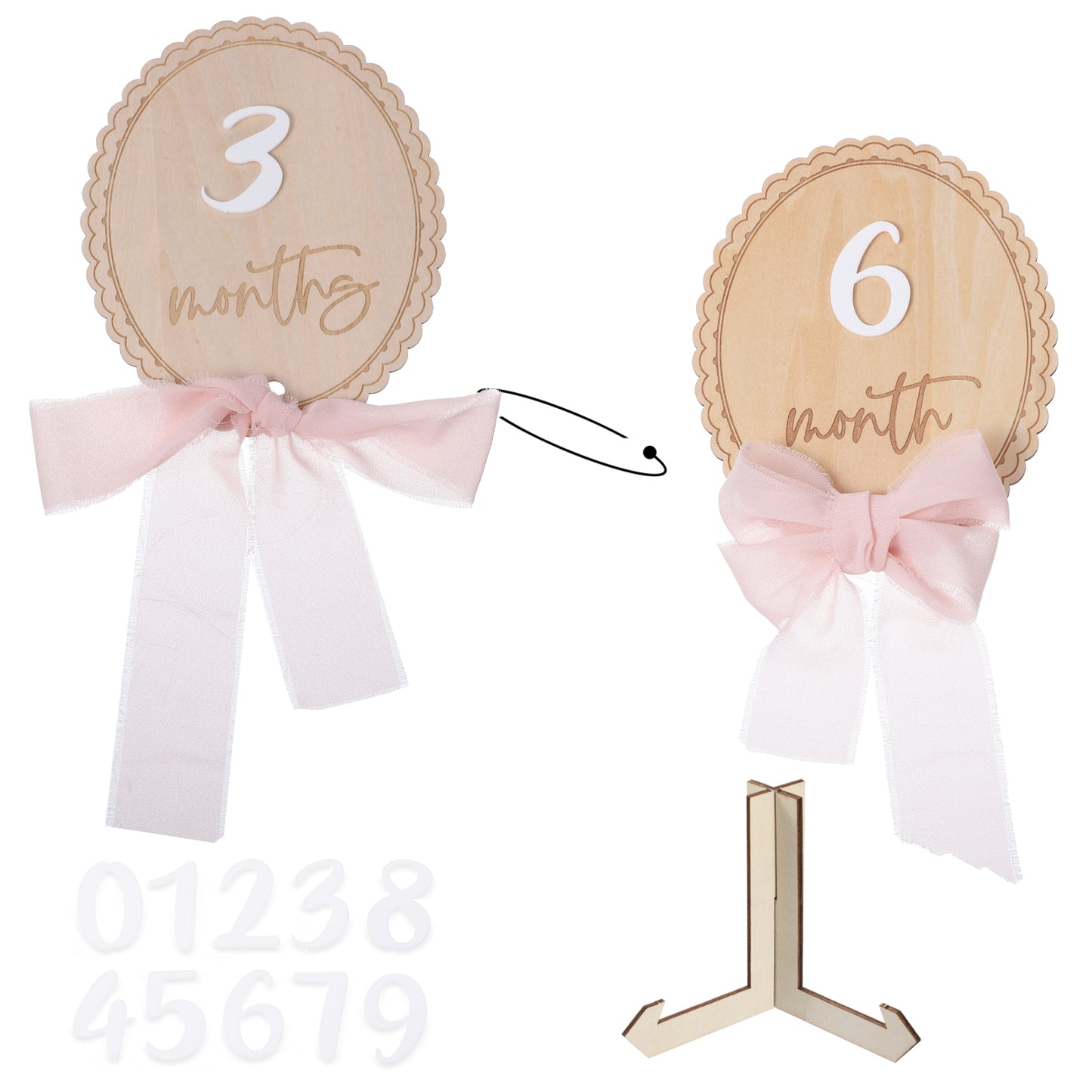 Baby Monthly Milestone Sign, Milestone Wooden Circles with Numbers,Pink Ribbon and Stand, Wooden Babies Birth Announcement Sign, Bow Birth Stats Signs Newborn Photo Prop