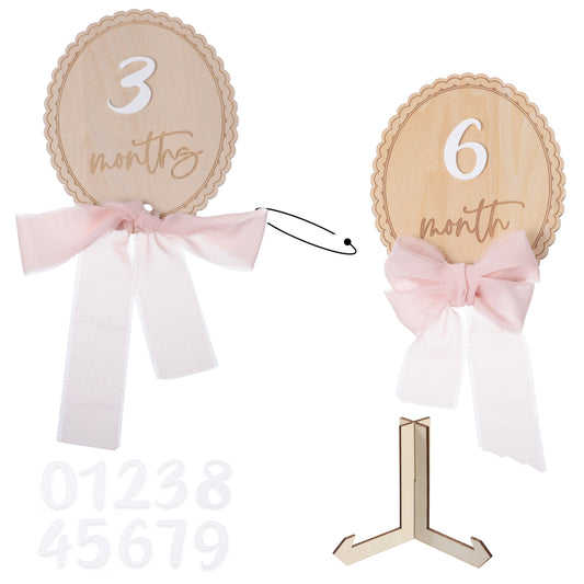 Baby Monthly Milestone Sign, Milestone Wooden Circles with Numbers,Pink Ribbon and Stand, Wooden Babies Birth Announcement Sign, Bow Birth Stats Signs Newborn Photo Prop