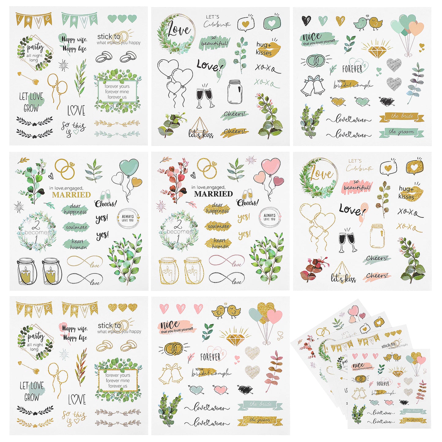 8 Sheets Wedding Stickers for Scrapbooking Romantic Wedding Scrapbook Stickers, Gold-Green Wedding Stickers Self-Adhesive Waterproof Bridal Scrapbook Supplies for Wedding Planning Embellishments