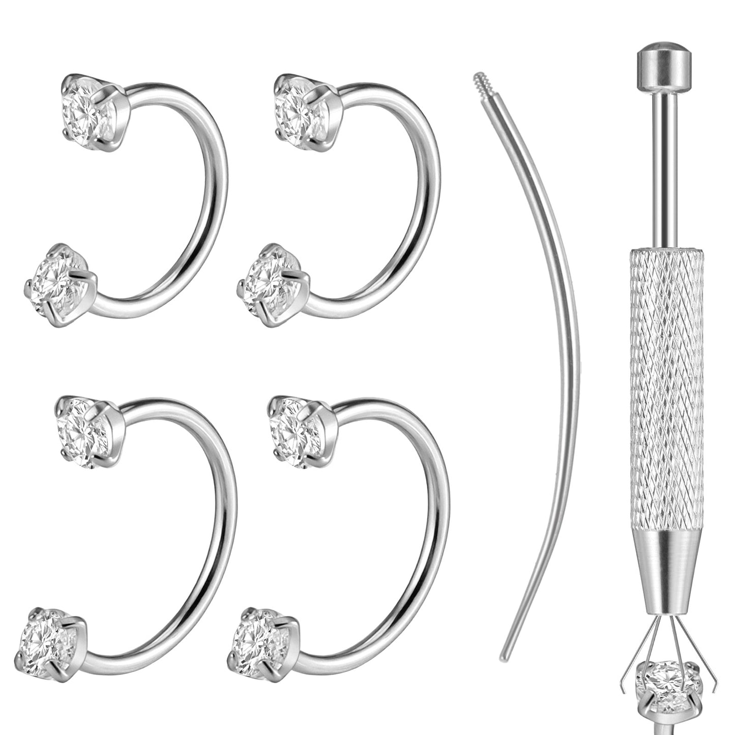 Josojoou 18G Horseshoe Nose Ring 8mm 10mm Surgical Steel Double Gem Nose Ring Hoop Flat Back Helix Cartilage Lip Piercing Jewelry with Internal Threaded Piercing Taper and Bar Grabber Tool