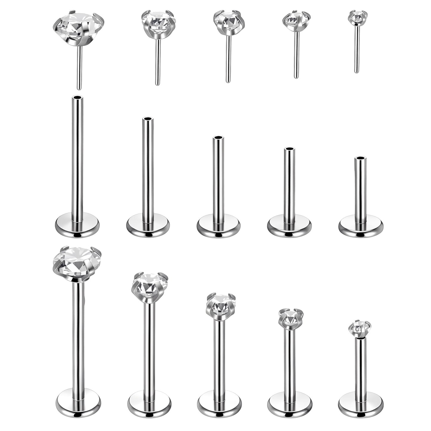 10 Counts Nose Piercing Jewellery for Tragus, Labret, Lip, Helix- Threadless Push in 6/7/8/10/12mm with 1 Guide Pin Gothic Nose Ring Studs Surgical Steel Nostril Pierce Jewelry for Men and Women
