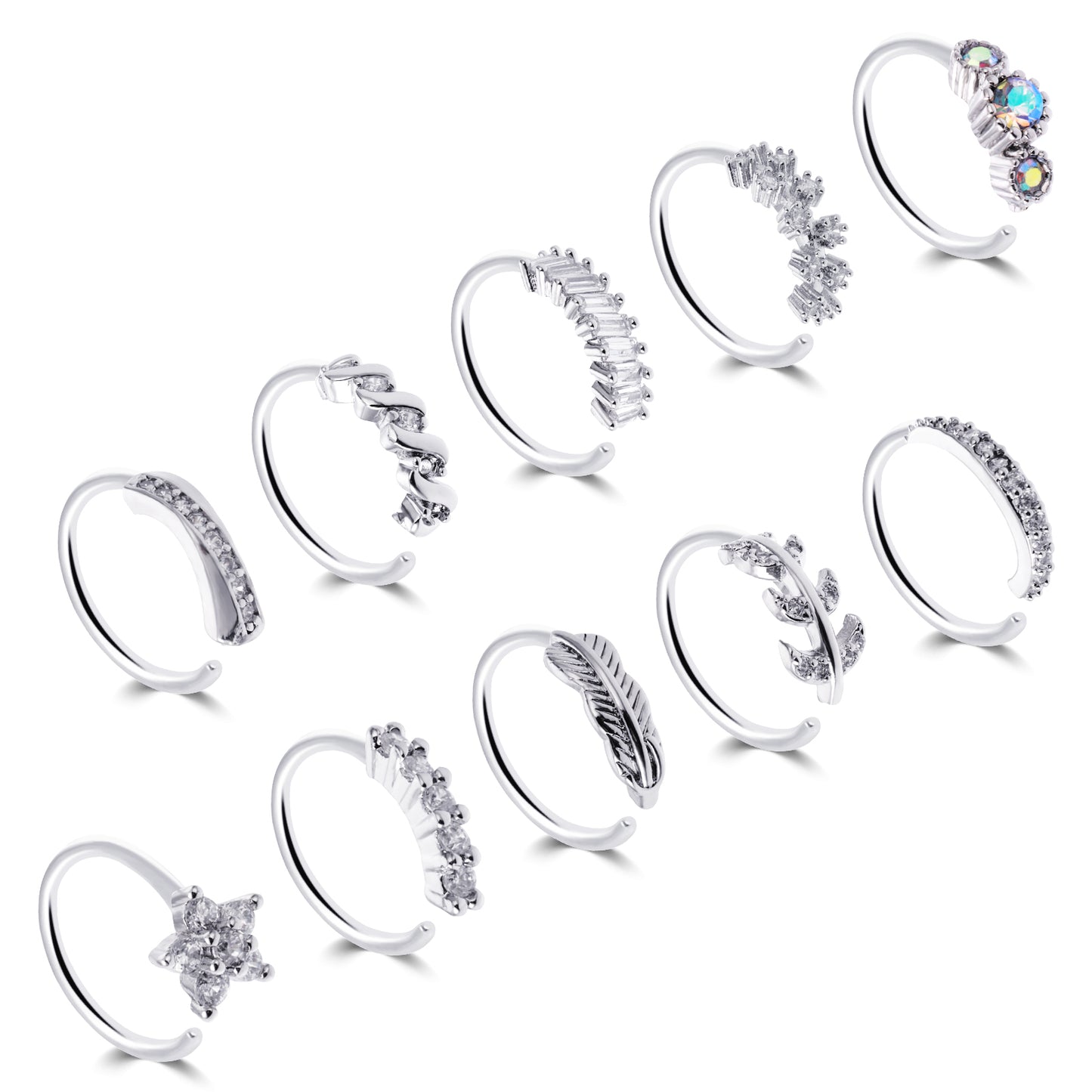 Telooco 10Pcs Nose Ring Hoop Silver CZ Nose Piercing Jewelry