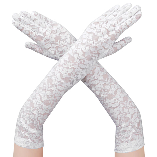 Lace Gloves Women Long Floral Lace Sheer Gloves Elegant Elbow Length Opera Mittens for Tea Party Bridal Wedding Masquerade (White)