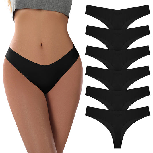 Telooco 6 Pack Seamless Thongs for Women V-neck High Waisted Thong Stretch Breathable Invisible Thongs Sexy Underwear Panties Multipack (Black, M)